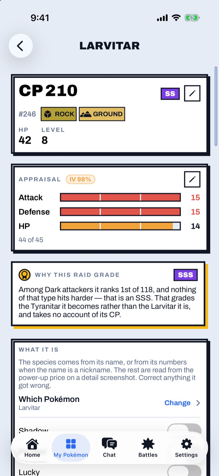 A Pokémon's detail page: Larvitar's appraisal bars and why it is graded SSS for raids.