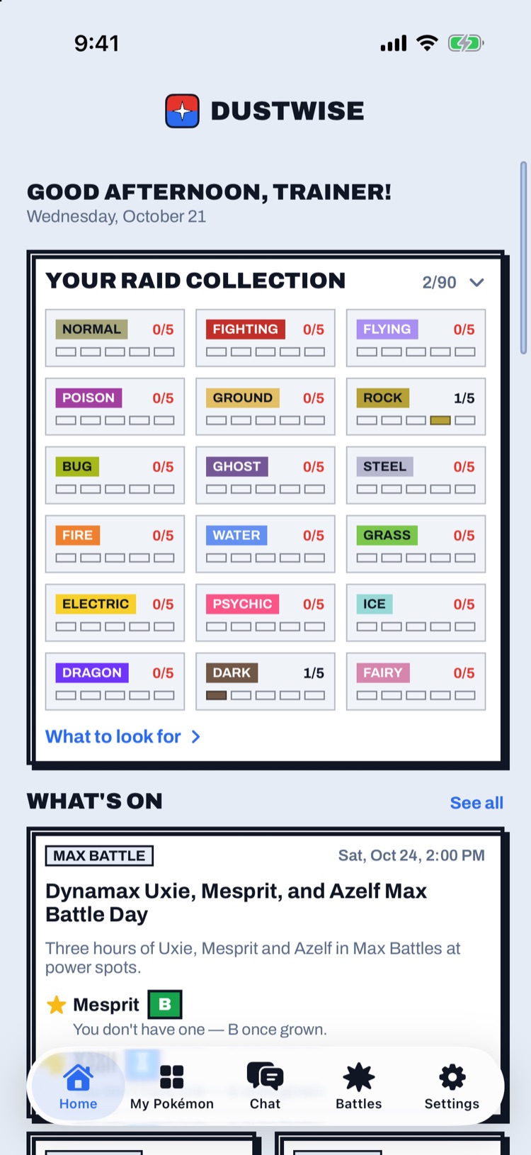 The Home screen: a raid collection by type and this week's events, with what your Pokémon would be worth in them.