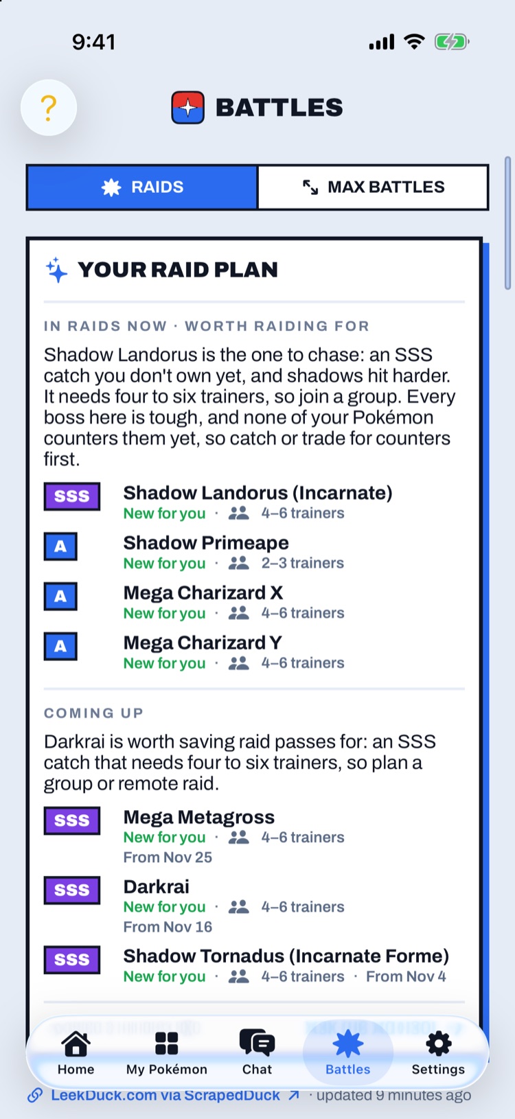 The Battles screen: which raids are worth doing now and which to save passes for, each with a grade.
